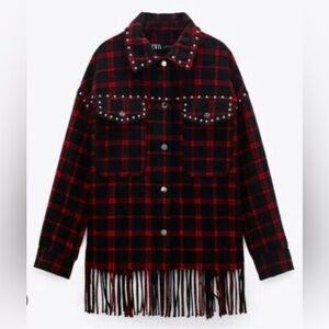 ZARA Black and Red Checkered Fringe Jacket
